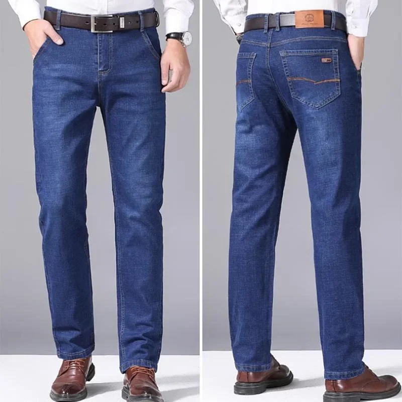 Autumn and Winter Men's Warm Business Jeans Classic Style Fleece Thicken Stretch Slim Fit Casual Jeans Male Plus Size