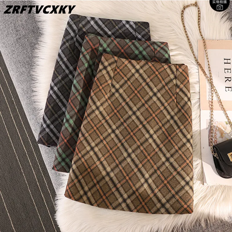

Vintage Contrasting Colors Checkered Woolen Short Skirt For Women's Autumn/Winter Korean High Waist A-Line Mini Skirt Female