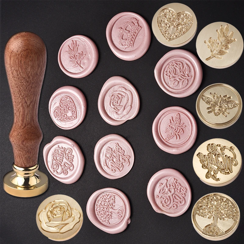 Wax Seal Stamp Set with 2 Sealing Wax Sticks, 4 pcs Seal Wax Stamps Copper  Heads with Wood Handle, Wax Stamp Kit for Letter Sealing Wedding, Wax Seal