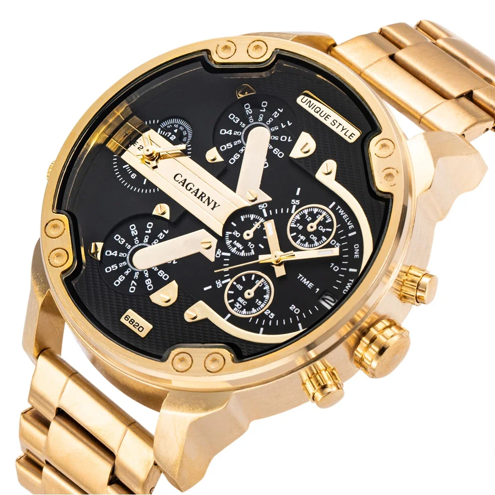 Cool Big Case Mens Watches Top Brand Luxury Cagarny Dual Display Military Reloj Hombre Gold Steel Quartz Watch Men Male Clock