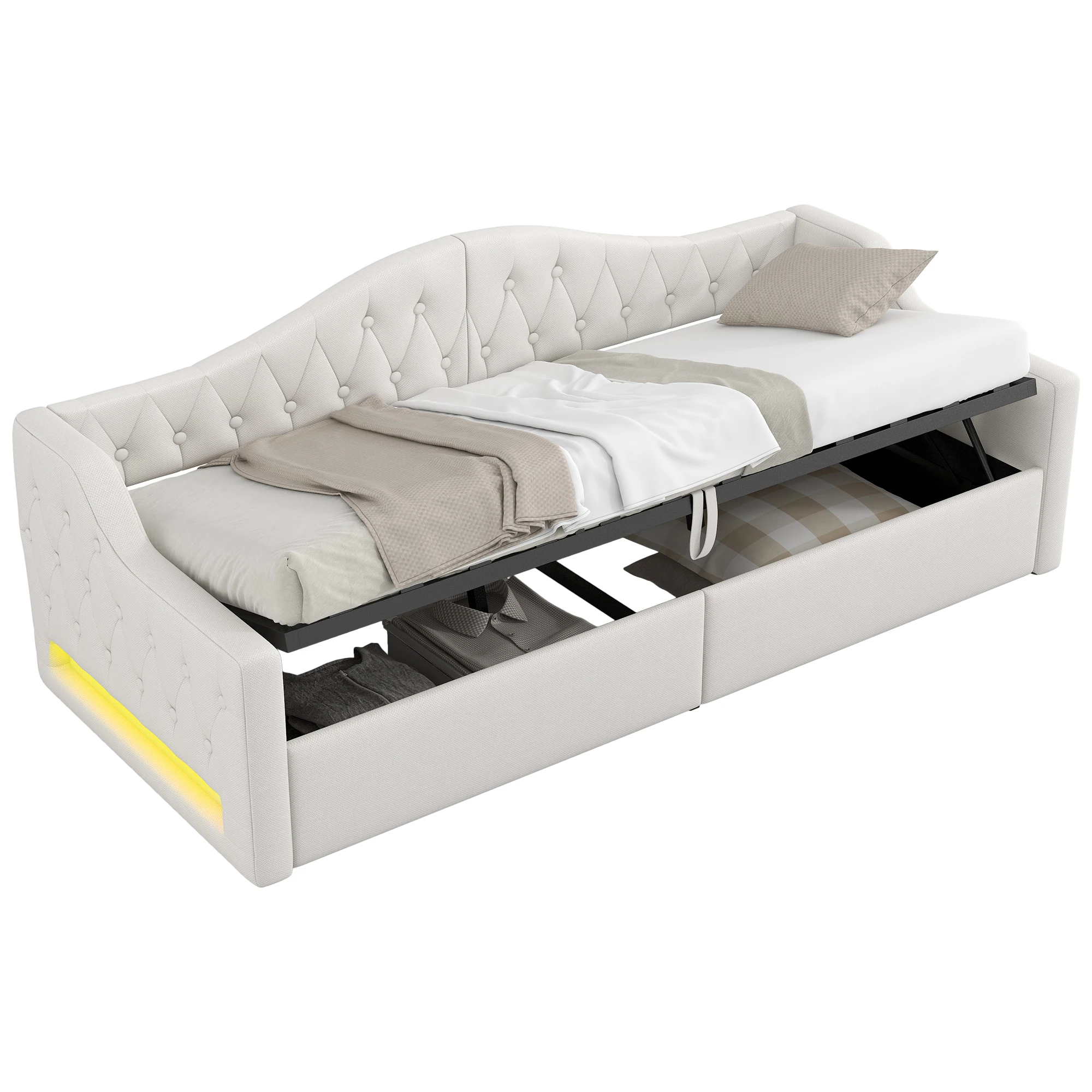 Gepolstertes Tagesbett 90x200 mit LED-Band und Stauraum darunter, beige Kombiartikel MDF, Sperrholz, gepolstert – Detail 7