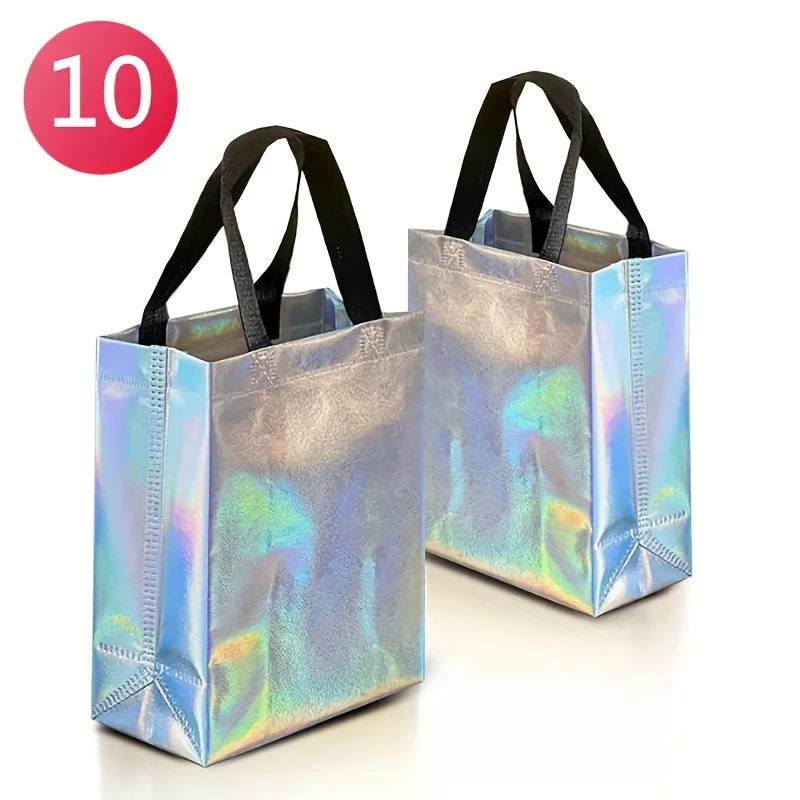 10pcs Iridescent Gift Bags Stunning Reusable Holographic With Handles Birthday Gift Bags Party Favor Bags10.2 x 7.9 x 3.9 inch