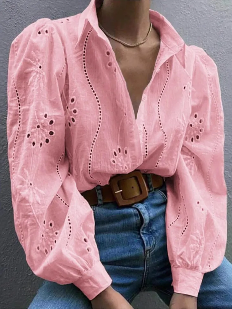 Women Elegant Lace Shirt Long Sleeve Buttons Blouse Solid Top 2025 New Spring Autumn Casual Office Women's Shirts Pink Tops 1