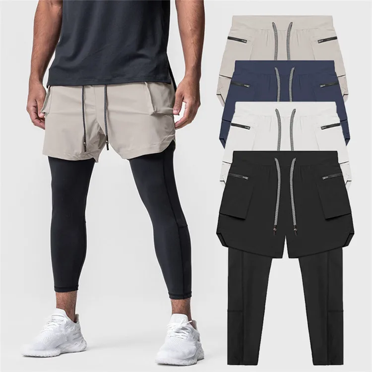 Men's Leggings Fake Two Pieces Fitness Sports Running Training Leisure Elastic Quick Drying Pants Cargo Mid-Waist Trousers