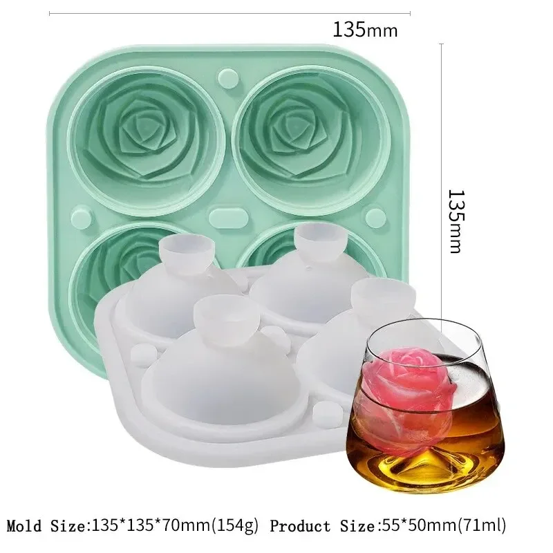 3D Rose Ice Molds 2.5 Inch, Large Ice Cube Trays, Make 4 Giant Cute Flower Shape Ice, Silicone Rubber Fun Big Ball Maker
