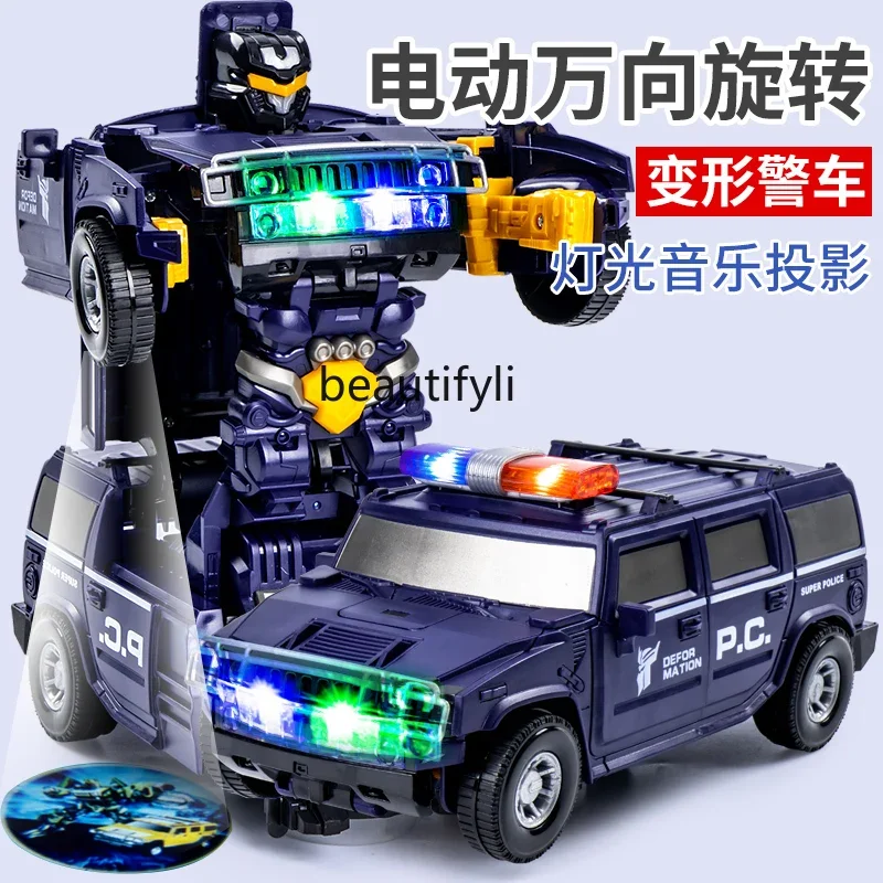 Electric deformation rotating universal police car boy car toy 1-2-3 year old baby toy