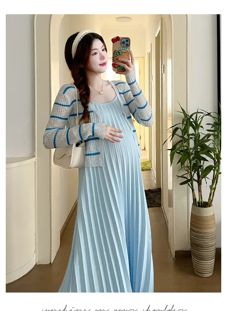 Spring Elegant Maternity Dress Suits Fashion Striped Knitted Shirts Strap Pleated Dress Twinset Pregnant Woman Beach