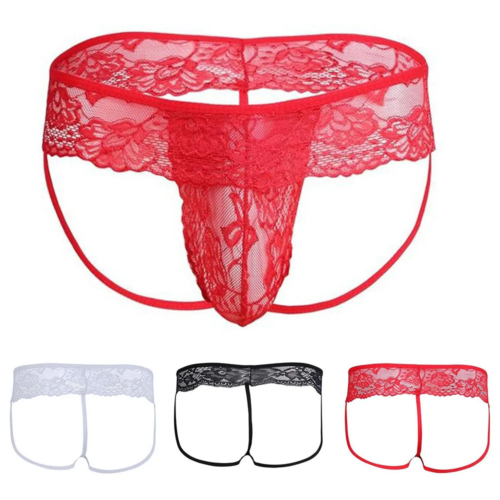 Men Lace See Through Sissy Gay Pouch Thong Briefs Underwear Panties Underpants images - 6