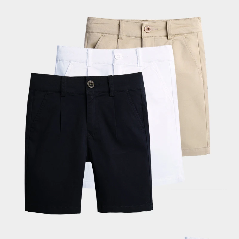 

Summer Boys Solid Classic-Fit Double-Pleated Shorts Kids Uniform Knee Length Khaki White Black Casual Straight Short Pants 4-14y