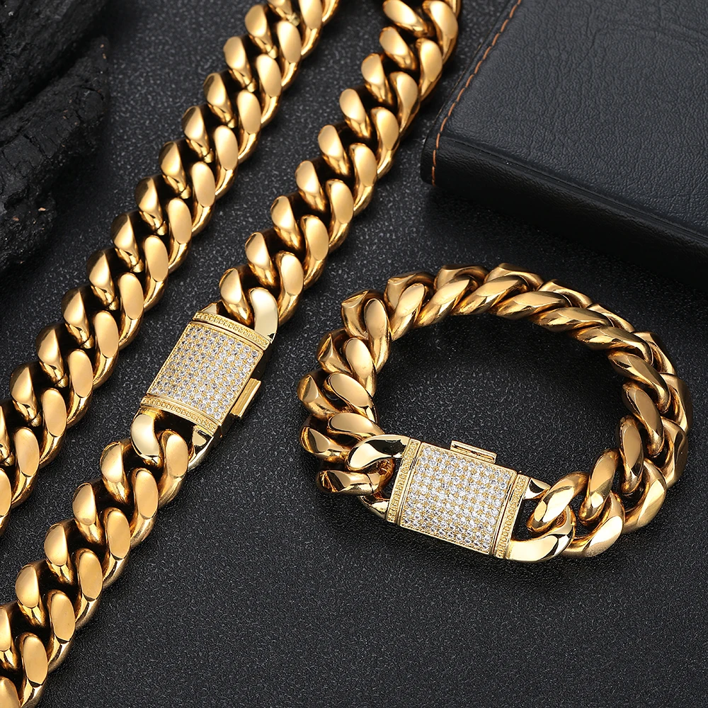 18MM Stainless Steel Cuban Chain With Bling Copper Cubic Zirconia Clasp  18k Gold Plated Hip Hop Cuban Bracelet Jewelry For Men