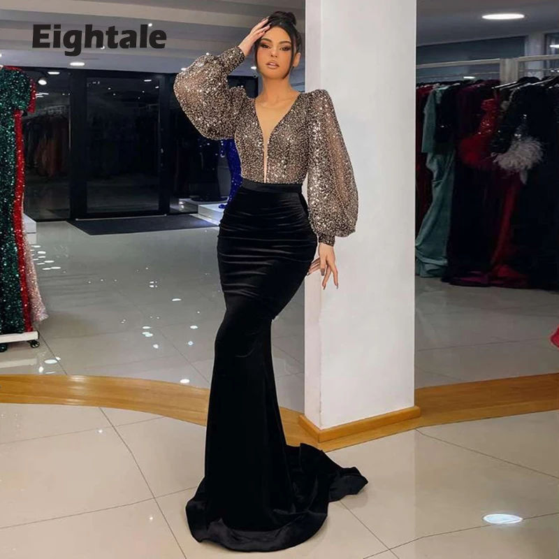 

Вельветовое официальное вечернее платье с длинным рукавом и пышными рукавами, платье для выпускного вечера, женское вечернее платье знаменитости, платье для вечеринки