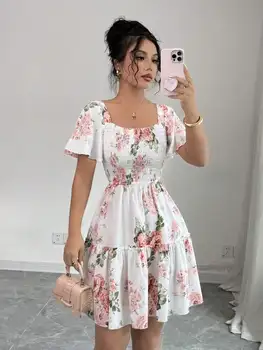 Women Floral Print Sashes Ruffle Hem Short Sleeve Casual Dress, Vacation Style Women's Evening Dresses 1