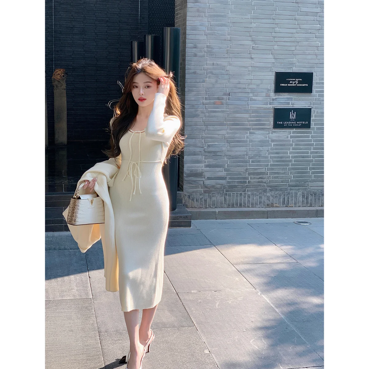 

Winter Pure Desire Strap Rabbit Fleece Knit Dress Women's Slim Fit Slim Elastic Mid length Wrap Hip Skirt