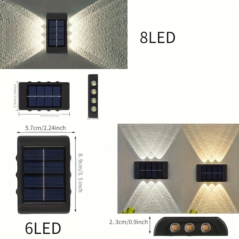 태양광 벽 조명, 야외 6,8LED 데크 조명, 벽 조명, 안뜰, 거리 및 차고용, 1 개, 2 개