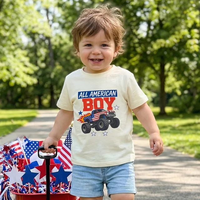 Vêtements pour enfants, t-shirts pour garçons du 4 juillet, à manches courtes, col rond, imprimé drapeau de camion, hauts pour tout-petits 1