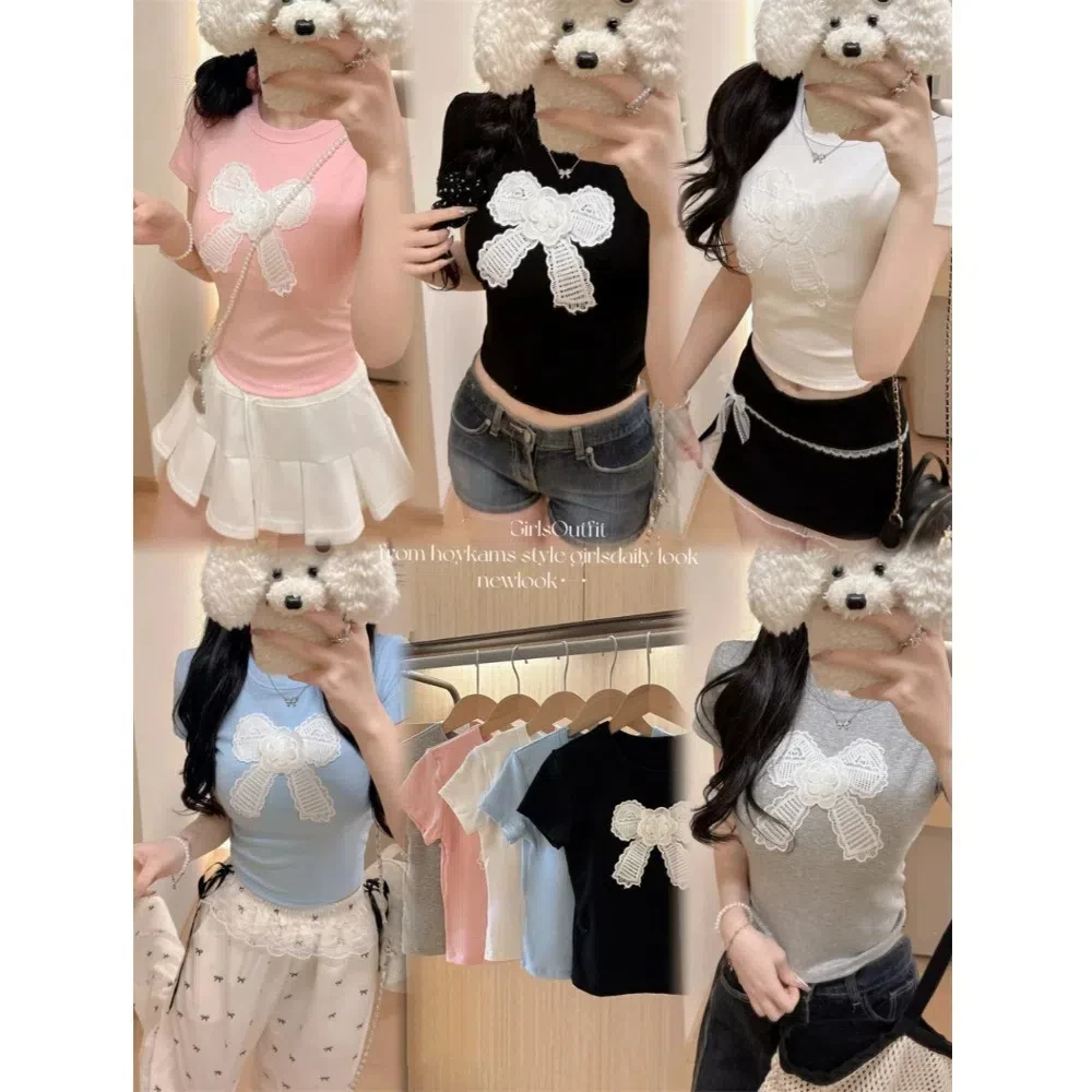 Description Picture 4 of itemIns Sweet Cotton Korean Bow T-shirts With Chest Pads Embroidered Y2K Crop Tops Bowknot Spicy Girl Short Shoulder Tops Student