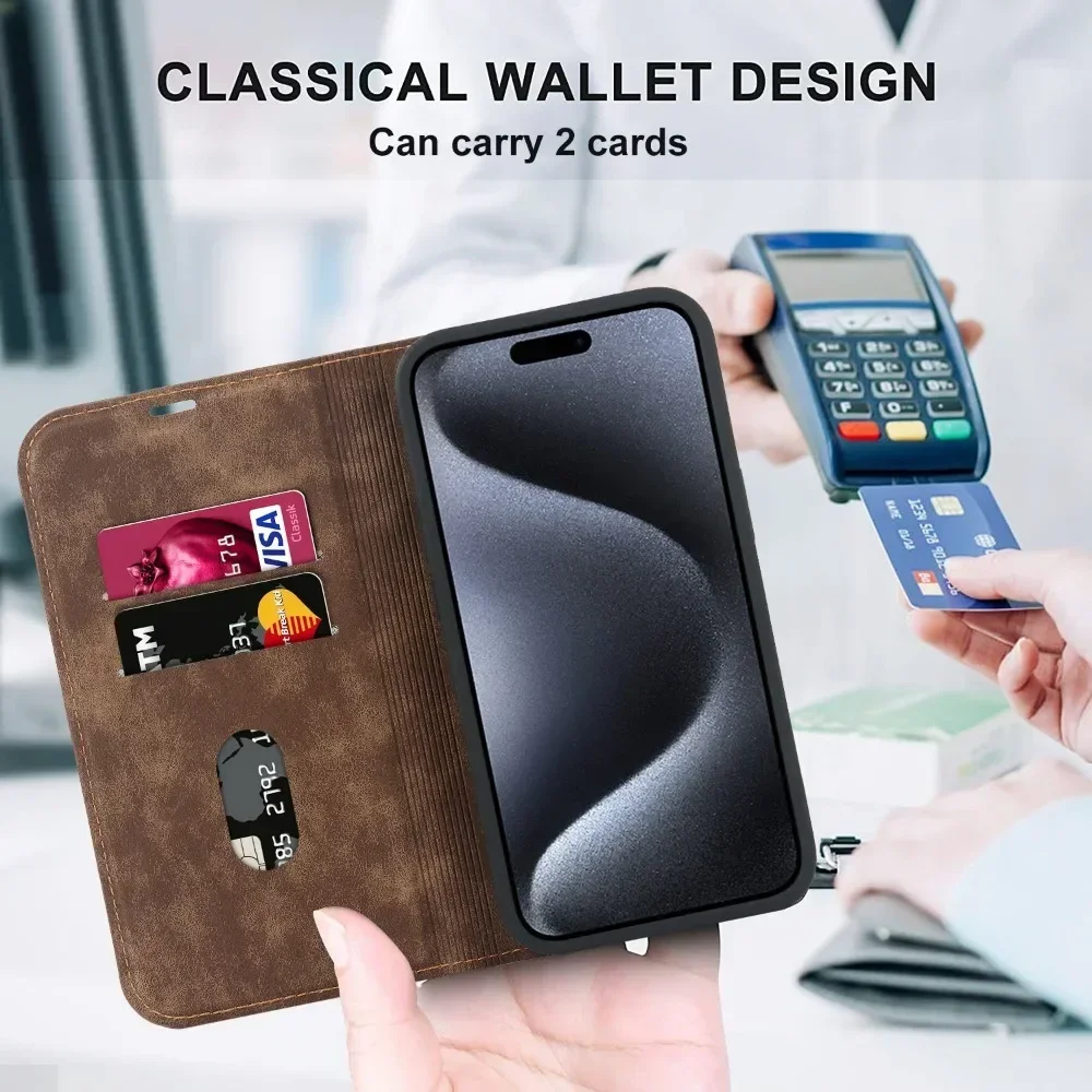 Vintage Leather Magnetic Wallet Flip Case with Card Pocket and Stand