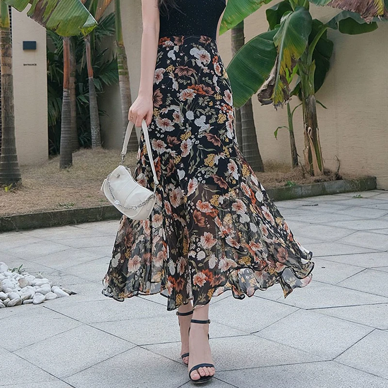 Fashion Zipper Printed Elegant Chiffon Floral Skirts Women Clothing 2024 Summer New Loose Office Lady High Waist Mermaid Skirts