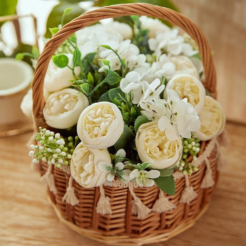 26cm Pink Silk Rose Artificial Flowers Bouquet for Cemetery Wedding Retro Peony Fake Flowers Floral Bridal Handheld Decoration