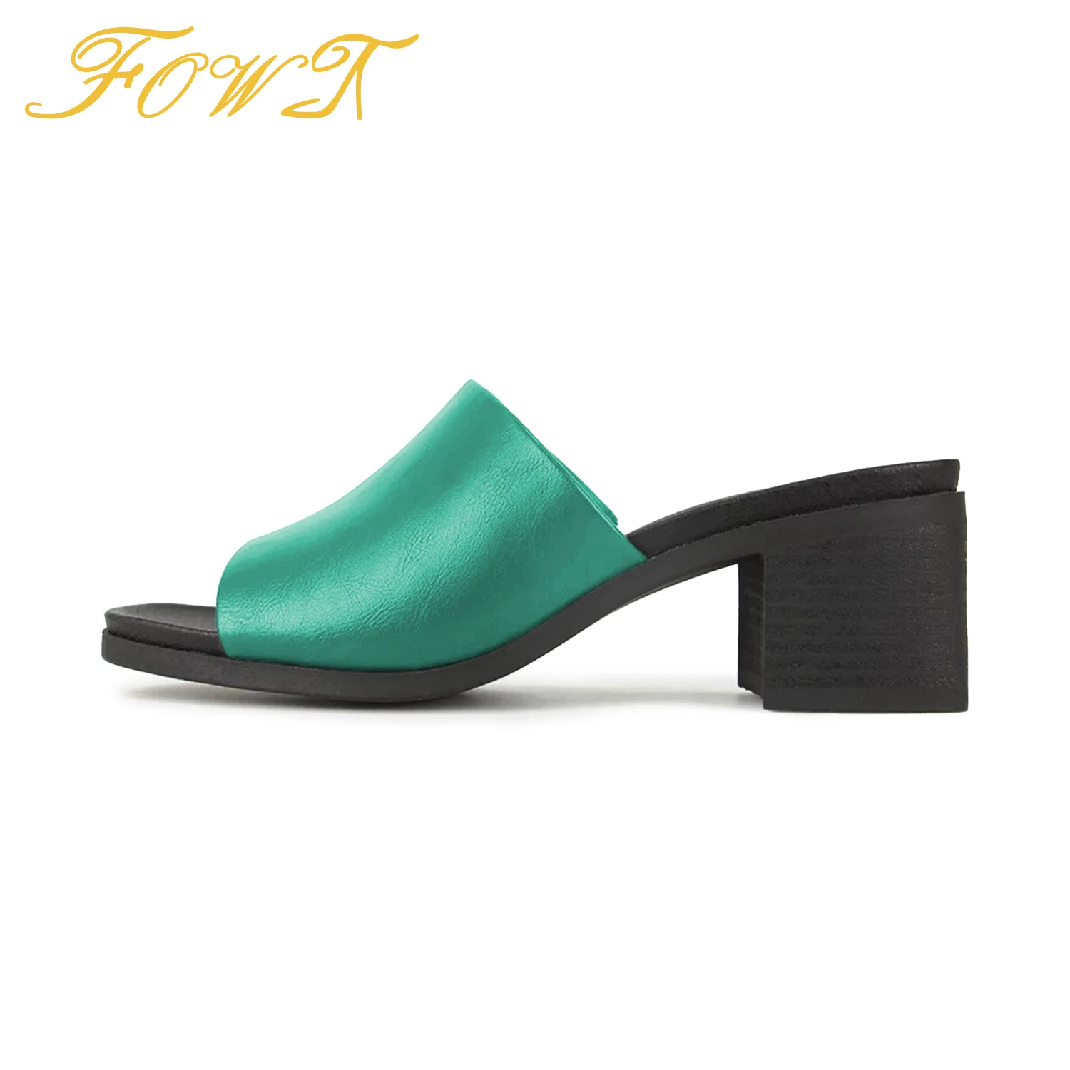 

Women Basic Outside Female Slides Slippers Adult Shoes Green Solid Summer High Square Heels Casual Mature Large Size 14 16 FOWT