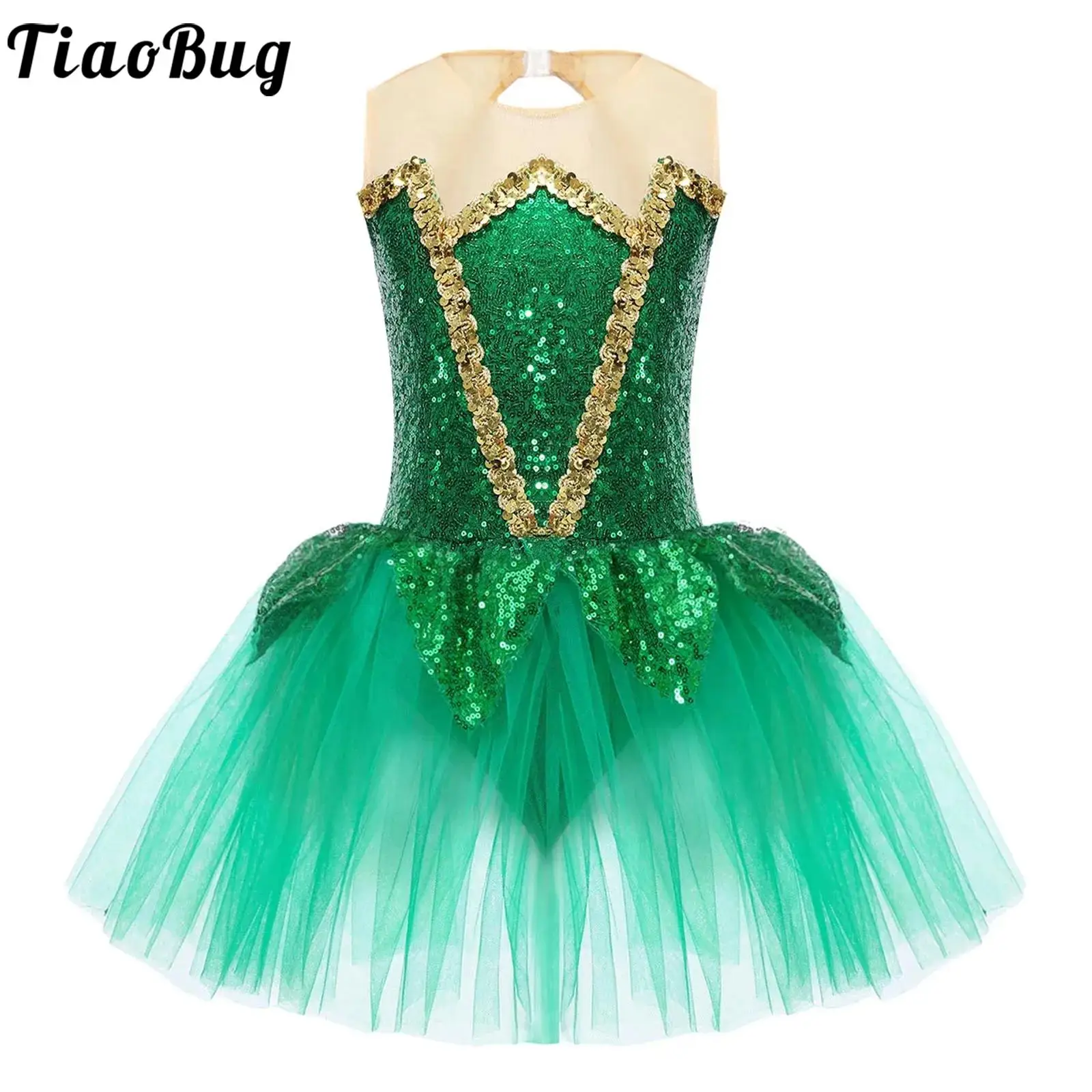 Kids Girls Ballet Dance Costumes Dress Sequins Halloween Elf Mesh Tutu Gymastics Leotard Figure Skating Dance Performance