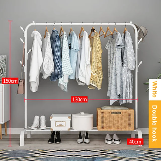 Garment Rack Free-standing Clothes Rack with Top Rod,Coat Rack Clothes, Hanger Wardrobe ,Clothes for Rack Lower Storage W-Double Hook-130cm