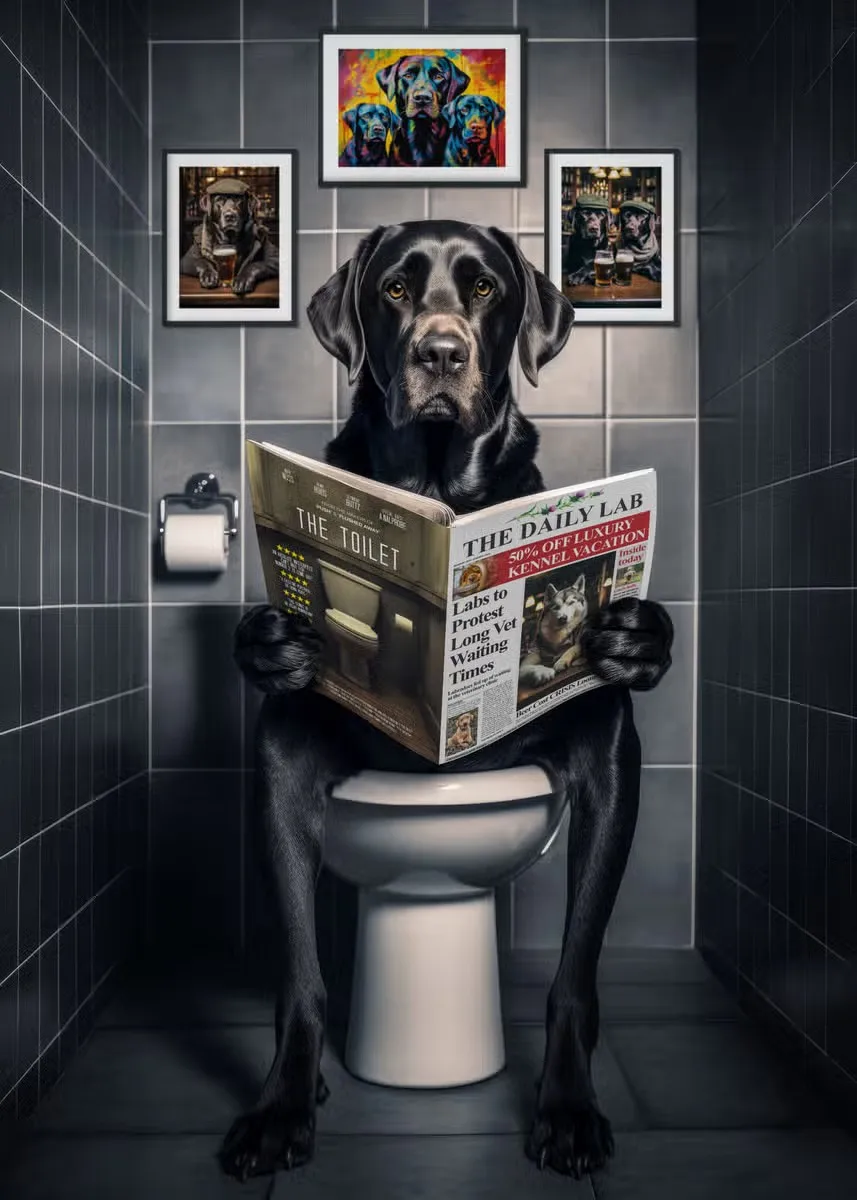 thumbnail image 1 of Póster artístico con diseño de perro divertido sentado en el inodoro leyendo un periódico, pintura en lienzo, impresiones de pared, imagen para decoración del hogar, 1 of 5
