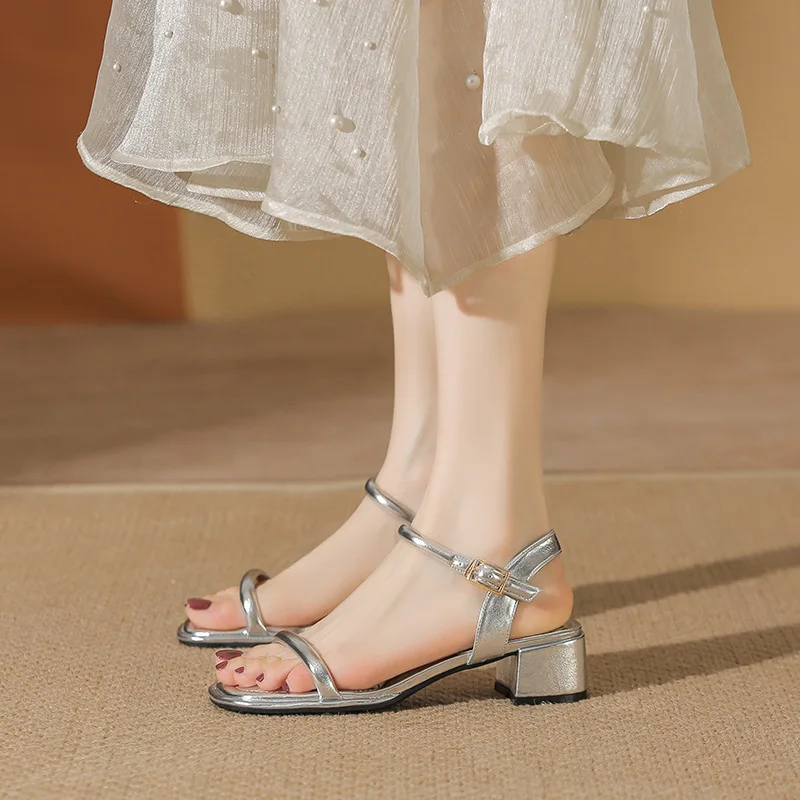 

Size 34-39 Block Heel Women Summer Sandals Silver Mid-heel Buckle Strap Open Toe Thick Heel Sandals For Women