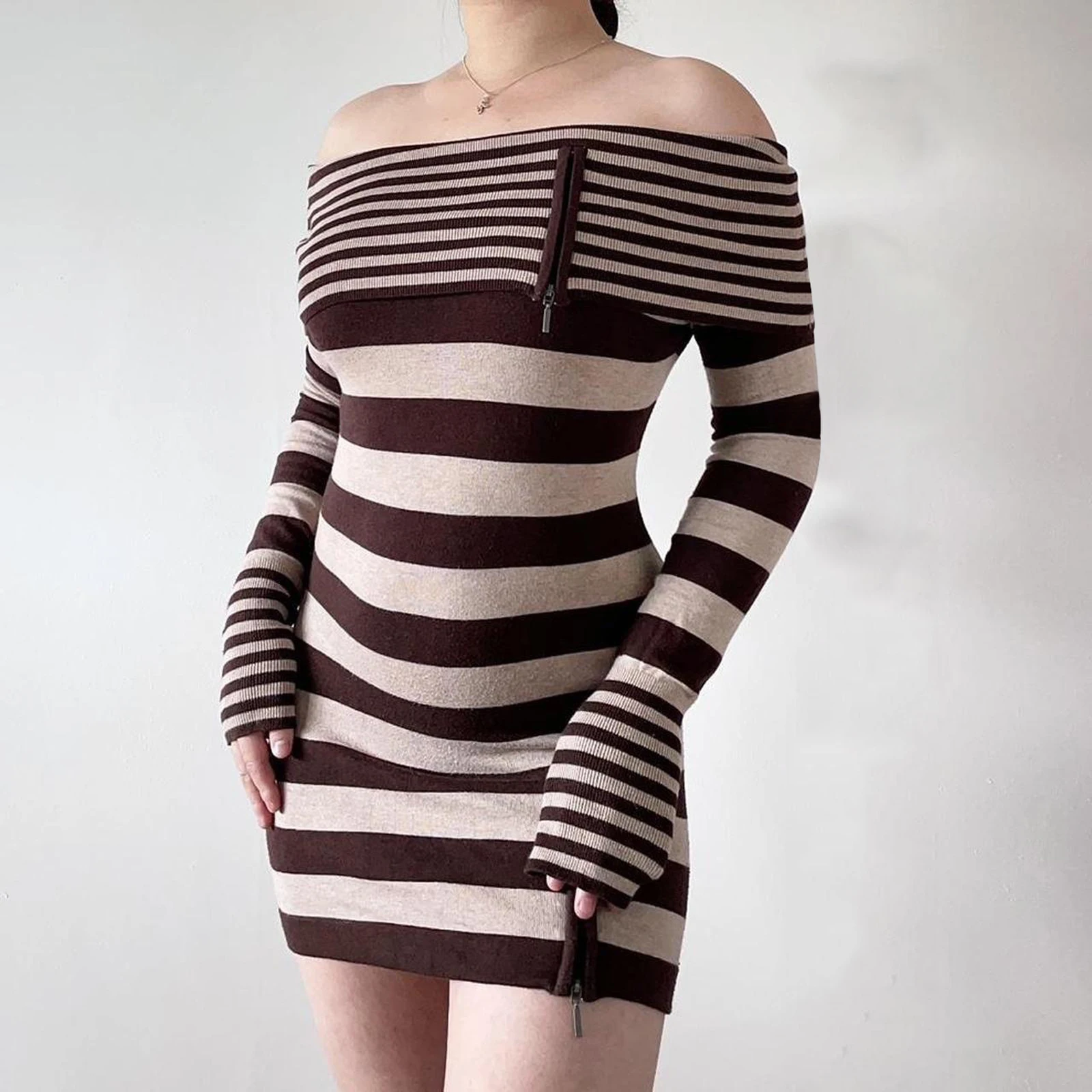 

Women Autumn Fall Bodycon Dress Sexy Long Sleeve Off-shoulder Slim Dress for Spring Slim Fit Fall Mini Striped Dress Streetwear