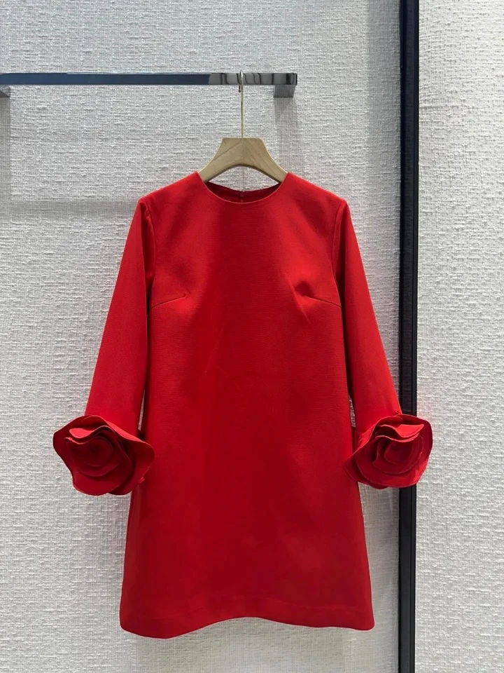 

2024SS Summer Luxury Fashion Women High Quality Flower Red Long Sleeve Dress for Female