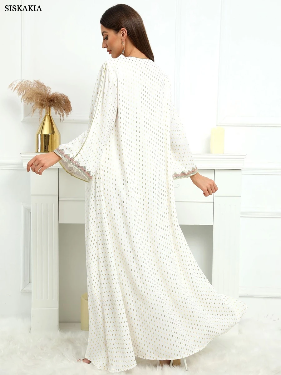 Elegant Dress For Muslim Women Lace Tape Embroidery Button V Neck Long Sleeve Party Robe Moroccan
