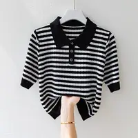 Ice Silk Mid-sleeved Women's Sweater Summer Short Striped Lapel Fashionable High-end Shirt Polo Shirt T-shirt Top - Image 4