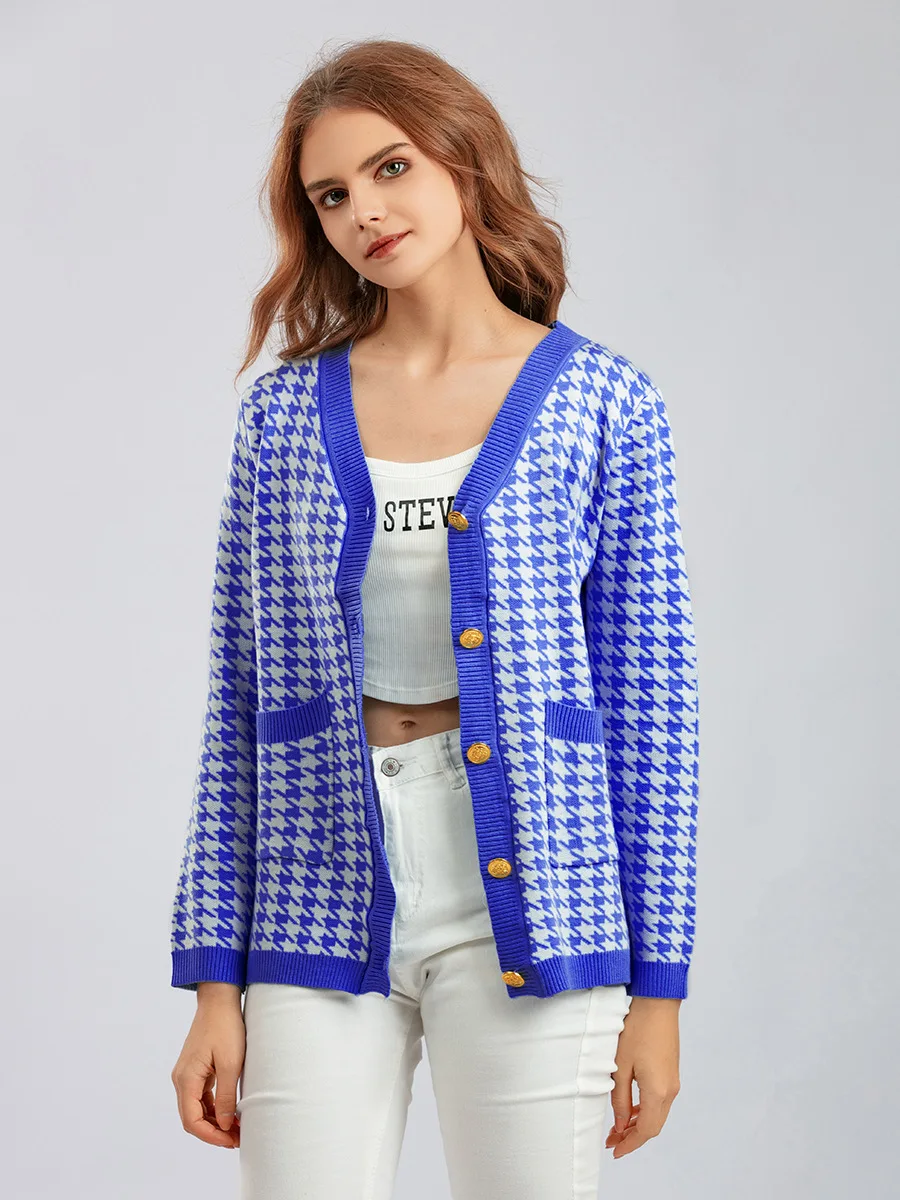 

Metal Buttons Plaid Knitted Women Cardigans Black Color Loose Casual Formal Elegant Sweater Coat Jumpers