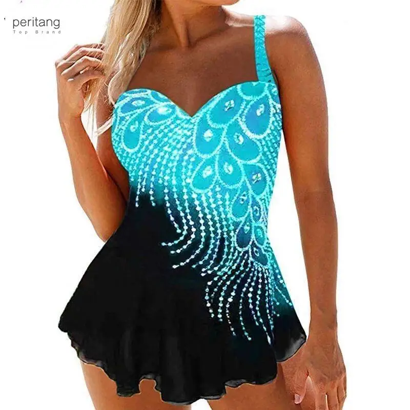 

Women Feather Print Tankini Summer Beach Padded Swimwear Halter Two Piece Swimsuit High Waist Bathing Suit S-8XL 2023
