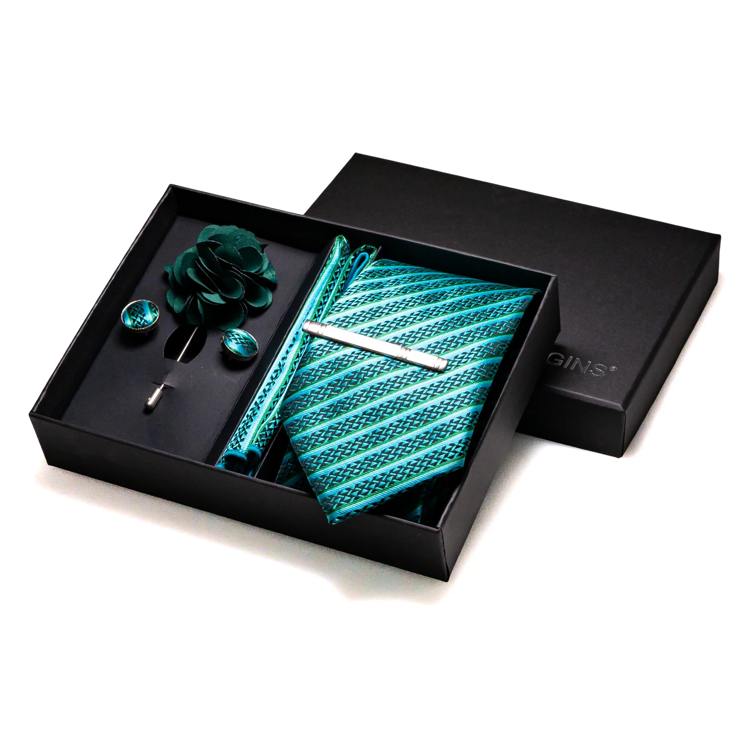 Silk Ties for Men Luxury Dark Green Stripes Wedding Accessories Mens Necktie Pocket Square Cufflinks Pin And Elegant Gift Box neck tie pocket square