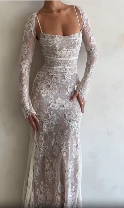 

Elegant Lace Embroidery Sling Maxi Dress Women Fashion Sleeveless Back Bandage Bodycon Dresses 2023 Female Solid Party Club Robe