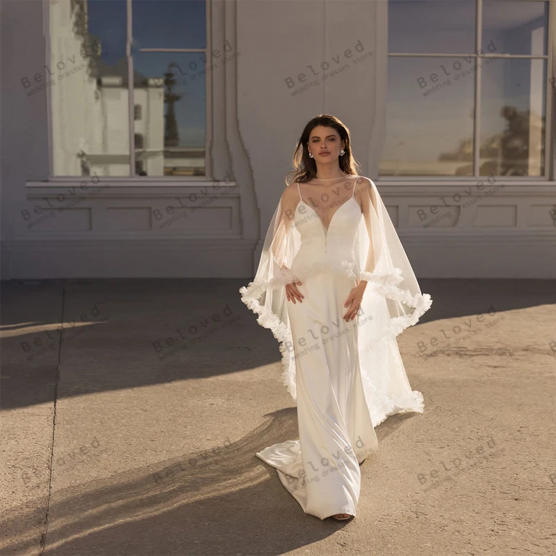 

Modern Wedding Dresses With Tulle Cloaks Satin Bridal Gowns Spaghetti Straps Simple Robes For Formal Party Vestidos De Novia