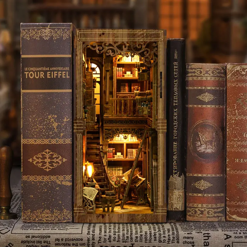 DIY Wooden Antique Book Collection Room Book Nook Shelf Insert Miniature Model Kits With Light Bookshelf Bookend Friends Gifts 2