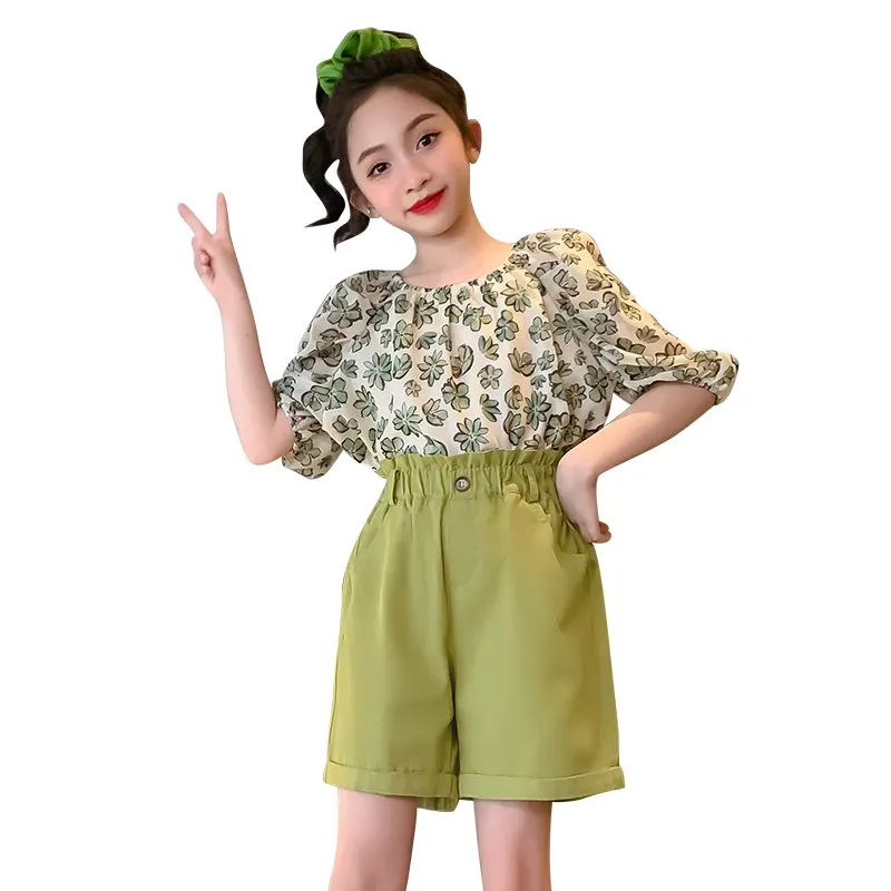 

Girls Outfits Off Shoulder Elastic Collar Floral Top+ Shorts Two Pieces Teen Children's Clothing Set 2023 Summer Casual Costumes