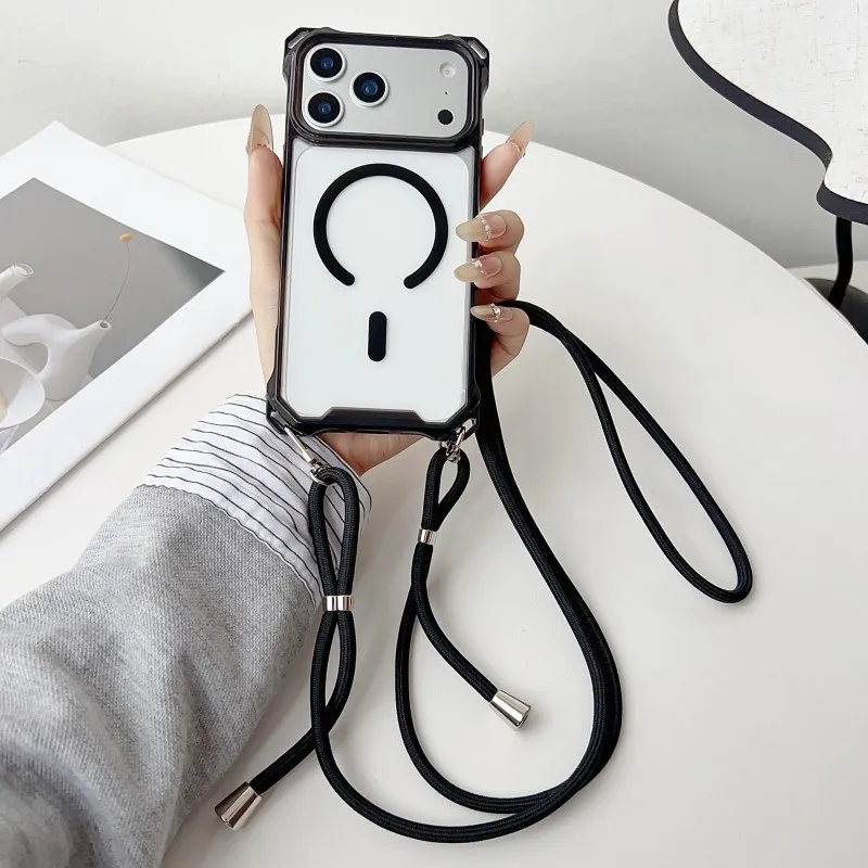 Magnetic Case For iPhone 17 Pro Max 16 13 12 11 14 15 Plus Magsafe Shockproof Four Corner Crossbody Strap Lanyard Clear Cover