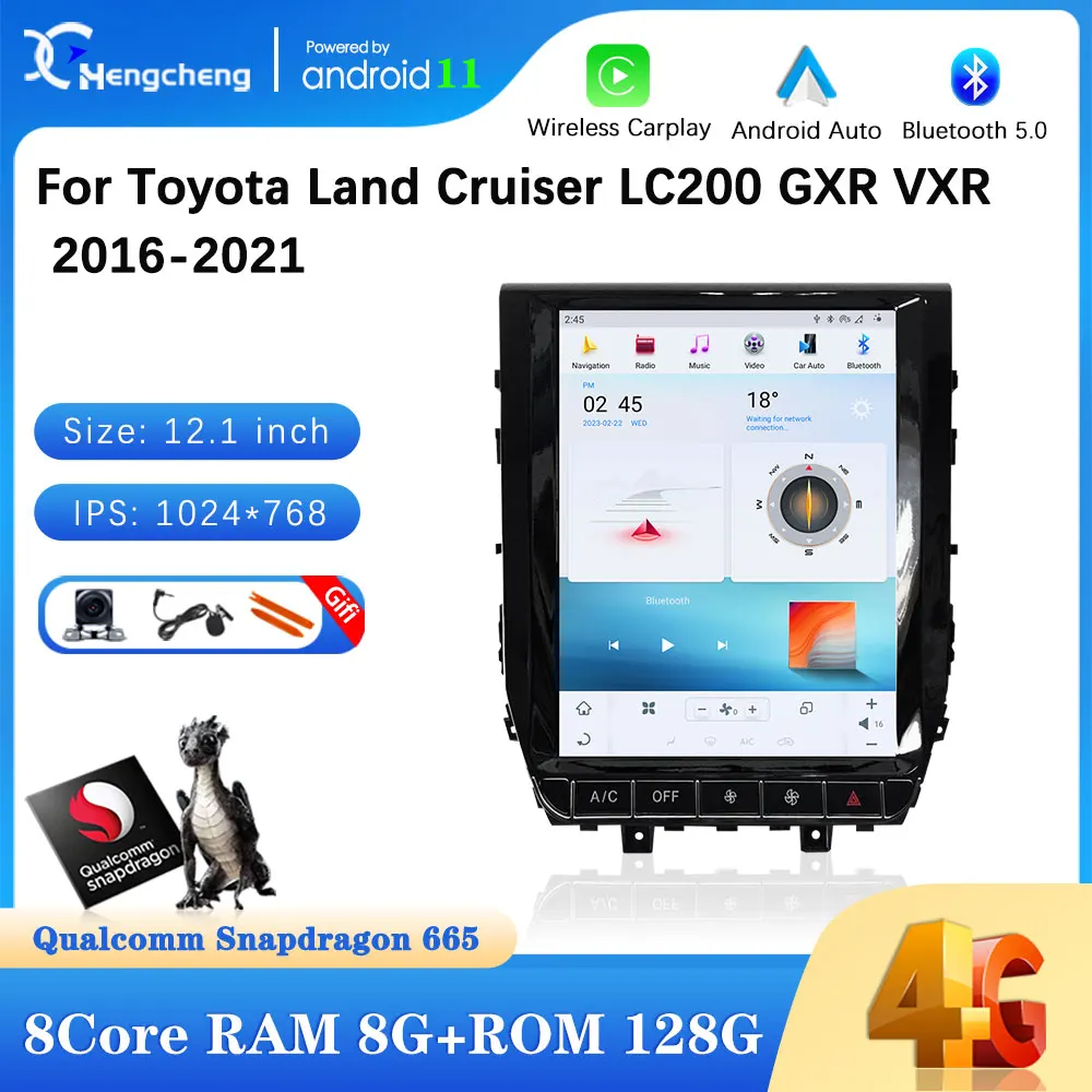 

Автомобильный мультимедийный видеоплеер 12,1 дюйма для Toyota Land Cruiser LC200 GXR VXR 2016-2021, GPS-навигация, Android 11, 8 ядер, 8 + 128G Carplay