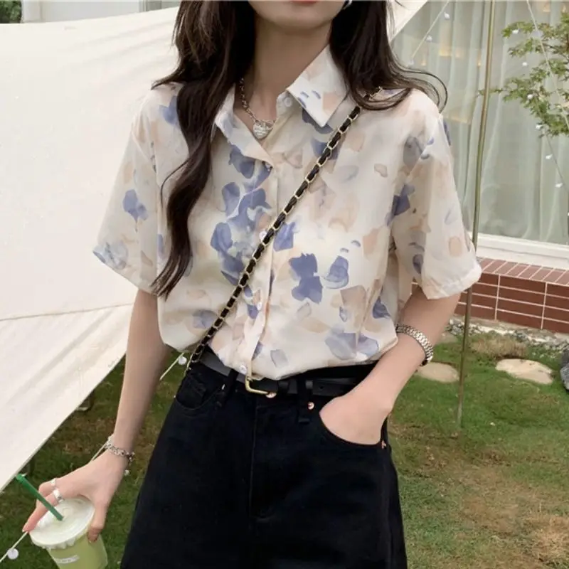 여성 프린트 폴로 칼라 반팔 블라우스, 슬림핏 여성 의류, 루즈한 올매치 캐주얼 상의, 하라주쿠, 우아한 패션, 여름