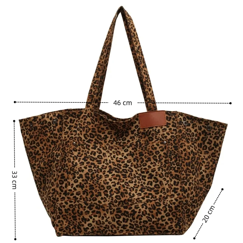 Canvas Shoulder Bag Leopard Pattern Vintage Big Capacity For School Work Shopping