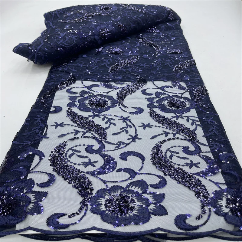 

2024 New African Lace Fabric Navy Blue French Net Sequin Fabric Embroidery Tulle Sewing Nigeria Party Dress High Quality 2.5Yard