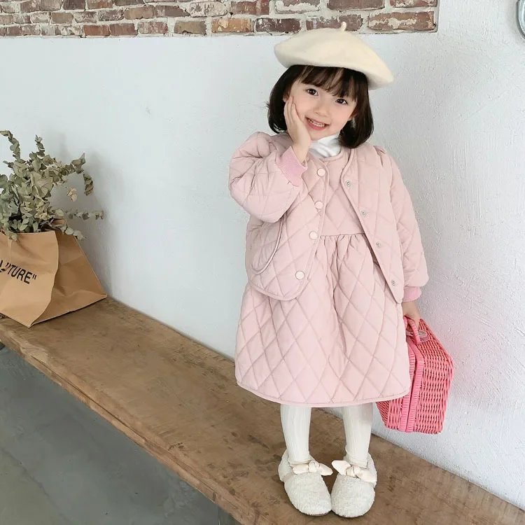 

Children Sets Clothing Winter Season Korean Girls Cotton Coat Thickening Two Piece Set Soild Round Colllar Button Decorate