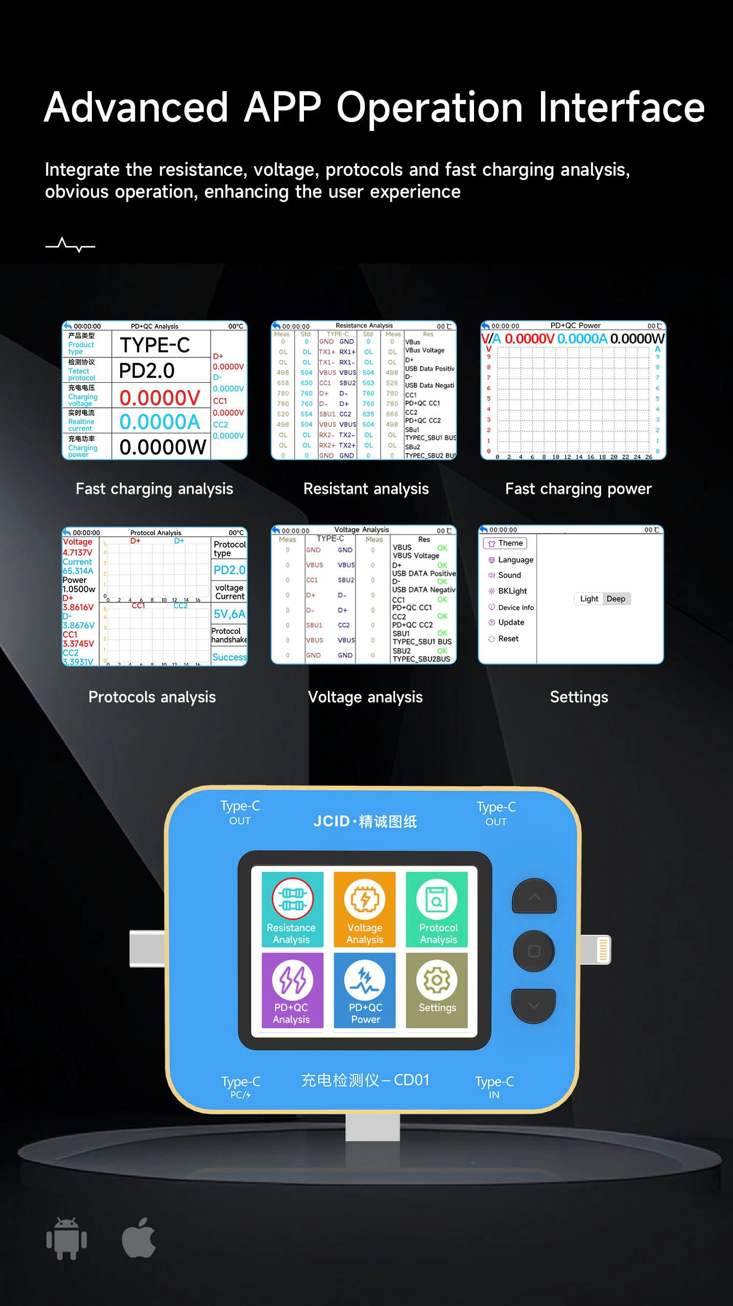 JCID 충전 감지기, CD01, 완벽하게 동기화 데이터, 분해 없이 테스트, 모바일 충전 테스터