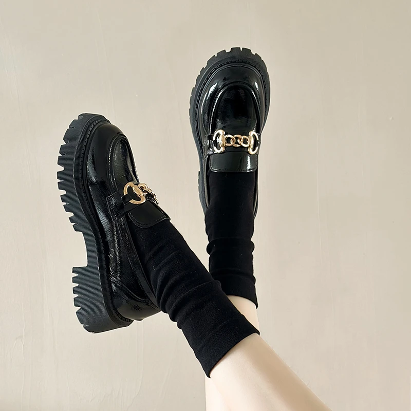 loafers Female Shoes Women Fashion Mary Janes Round Toe Flats Loafers Oxfords Platform Casual Metal Chain Buckle Ladies Heels