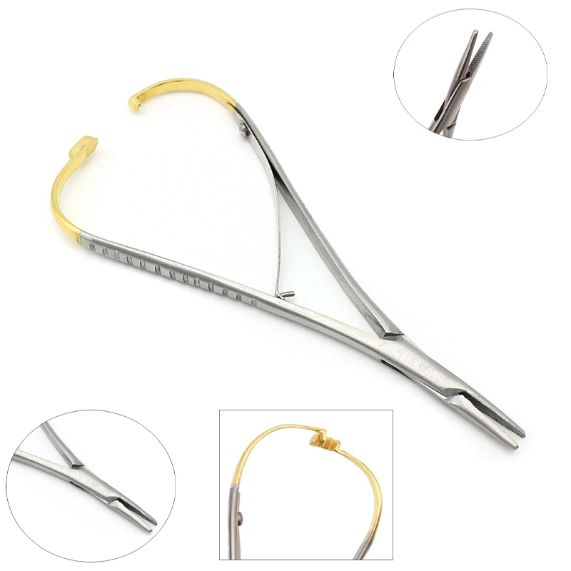 14cm Dental Needle Holder Tweezers Stainless Steel Orthodontic Plier with Gold Handle Dental Surgical Tool Instrument
