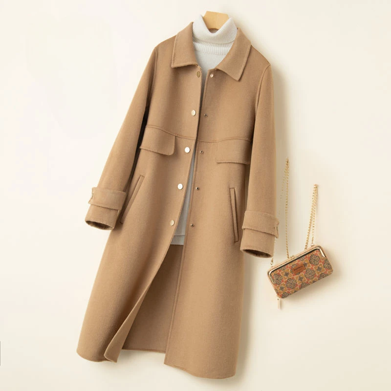 

Winter 2023 Wool Blends Cashmere Coat for Women Pockets Camel Jacket Vintage Korean Fashion Mid Long Woolen Outerwear A293