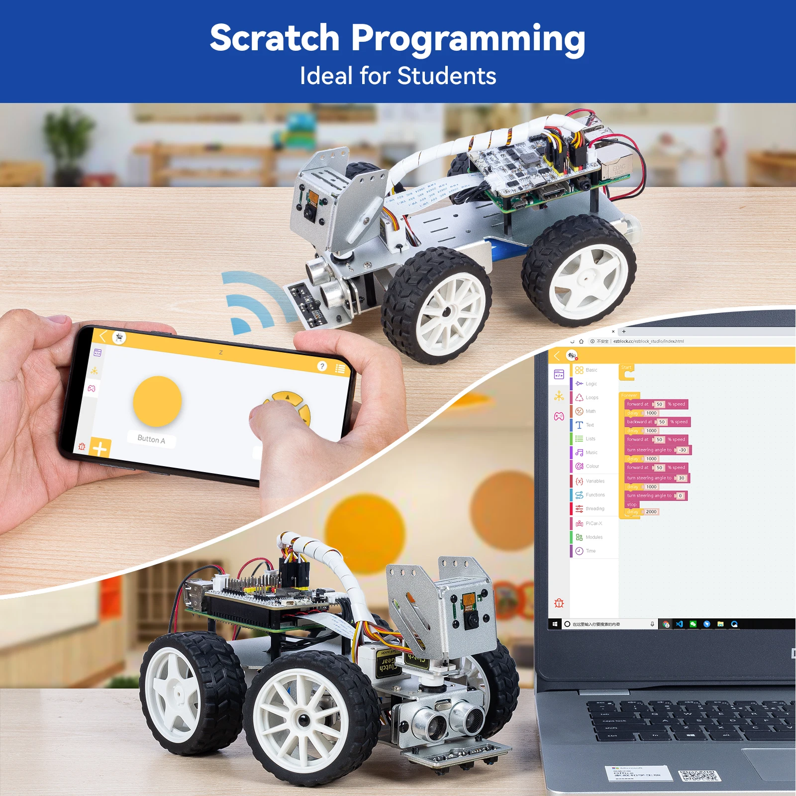 CC SunFounder Raspberry Pi Smart Video Robot Car Kit Python/Blockly (Like Scratch) Rechargeable Batteries Included robot diy kit